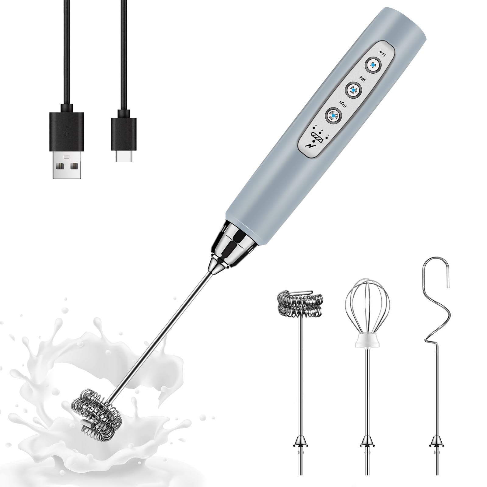 Handheld Milk Frother for Coffee Rechargeable Drink Mixer with 3 Heads 3 Spee...