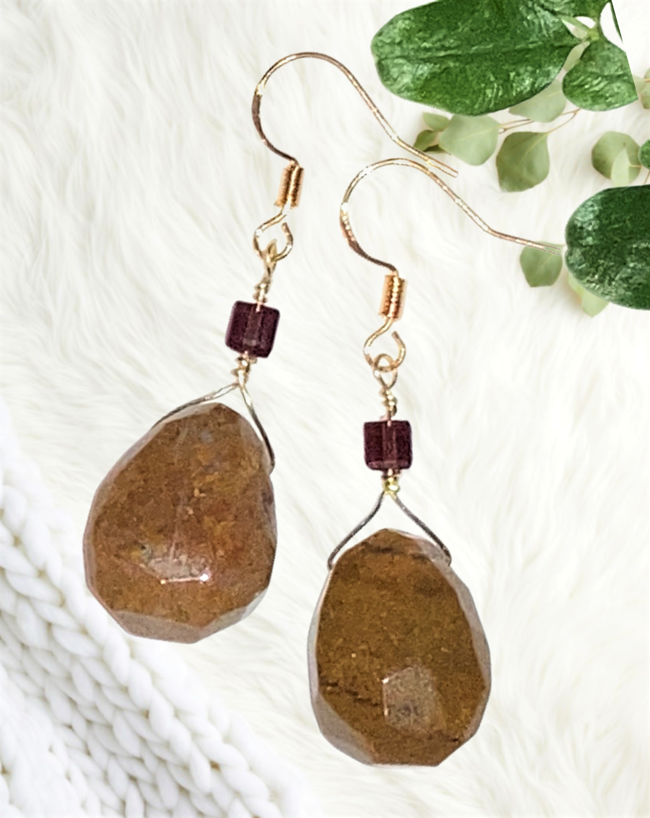 Mahogany Brown Jasper Teardrop, Crystal, Artisan Earrings