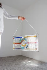 Frank Lloyd Wright Insprd Tiffany Style Stained Glass Window  24 by 11 Inches