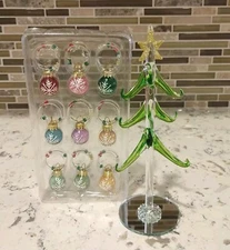 Glass Christmas Tree Wine Charm Stand With 9 Charms