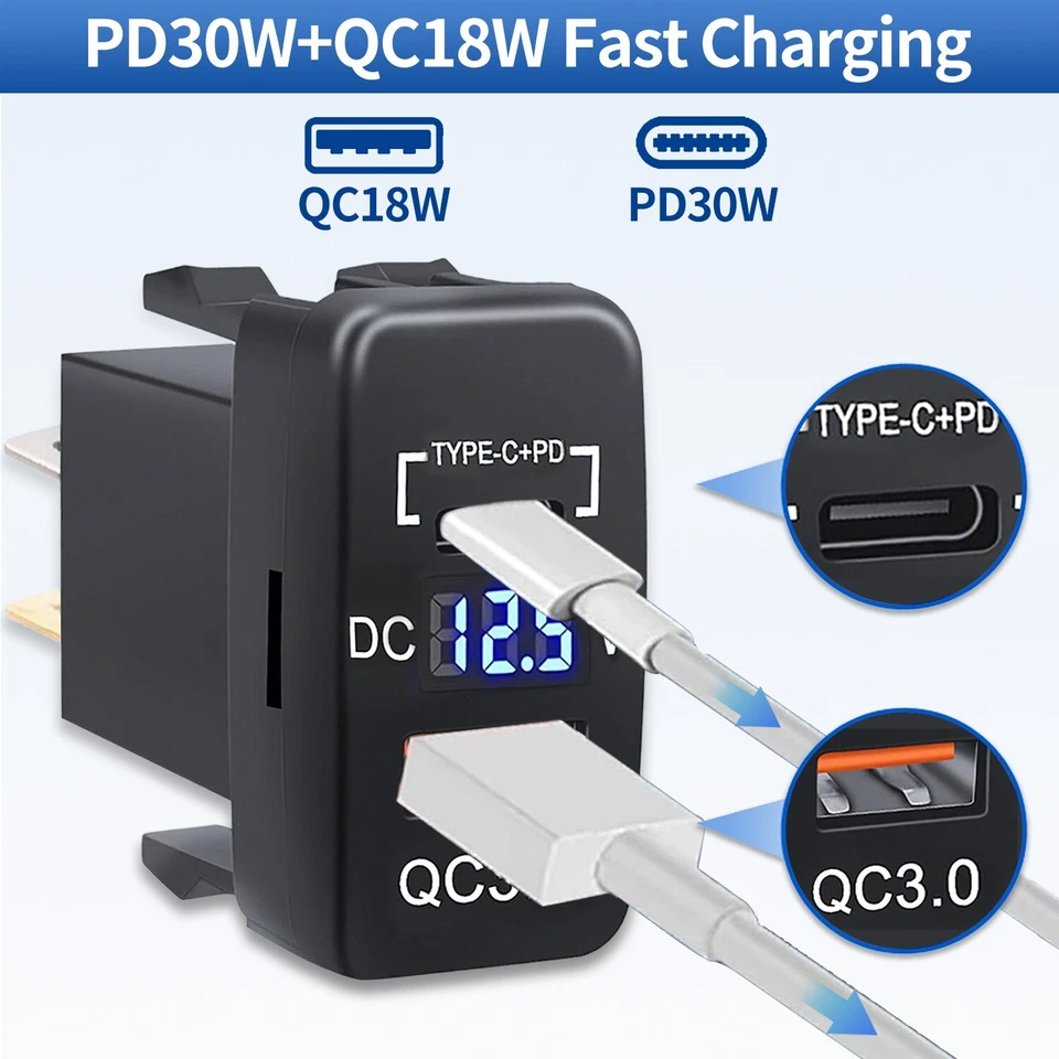 12V QC3.0 Type-C Dual USB Port Power Adapter Toyota USB Fast Car Charger Socket - Image 4 of 4