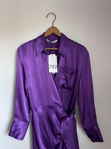 Zara Purple Satin Effect Wrap Shirt Dress NWT Sz Small Blogger Fav Silky Baddie - Picture 3 of 16