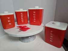 1950’s Red Plastic Lustro Ware Canister Set Flour Sugar Coffee Tea Lids & Scoops