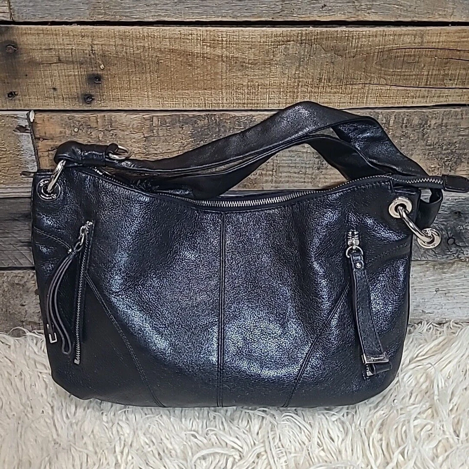 B Makowsky Shoulder Bag Hobo Heavy Silver Hardware Harness Goth Black Leather