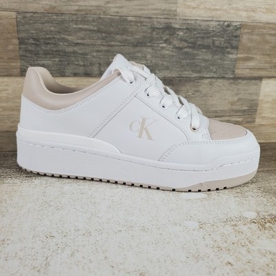 Calvin Klein Aubrie Womens Shoes Sz 8 M White Beige Leather Lace Up Sneakers