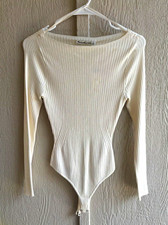 Women s White Ribbed Long Sleeve Bodysuit Snap Closure Size S Regular