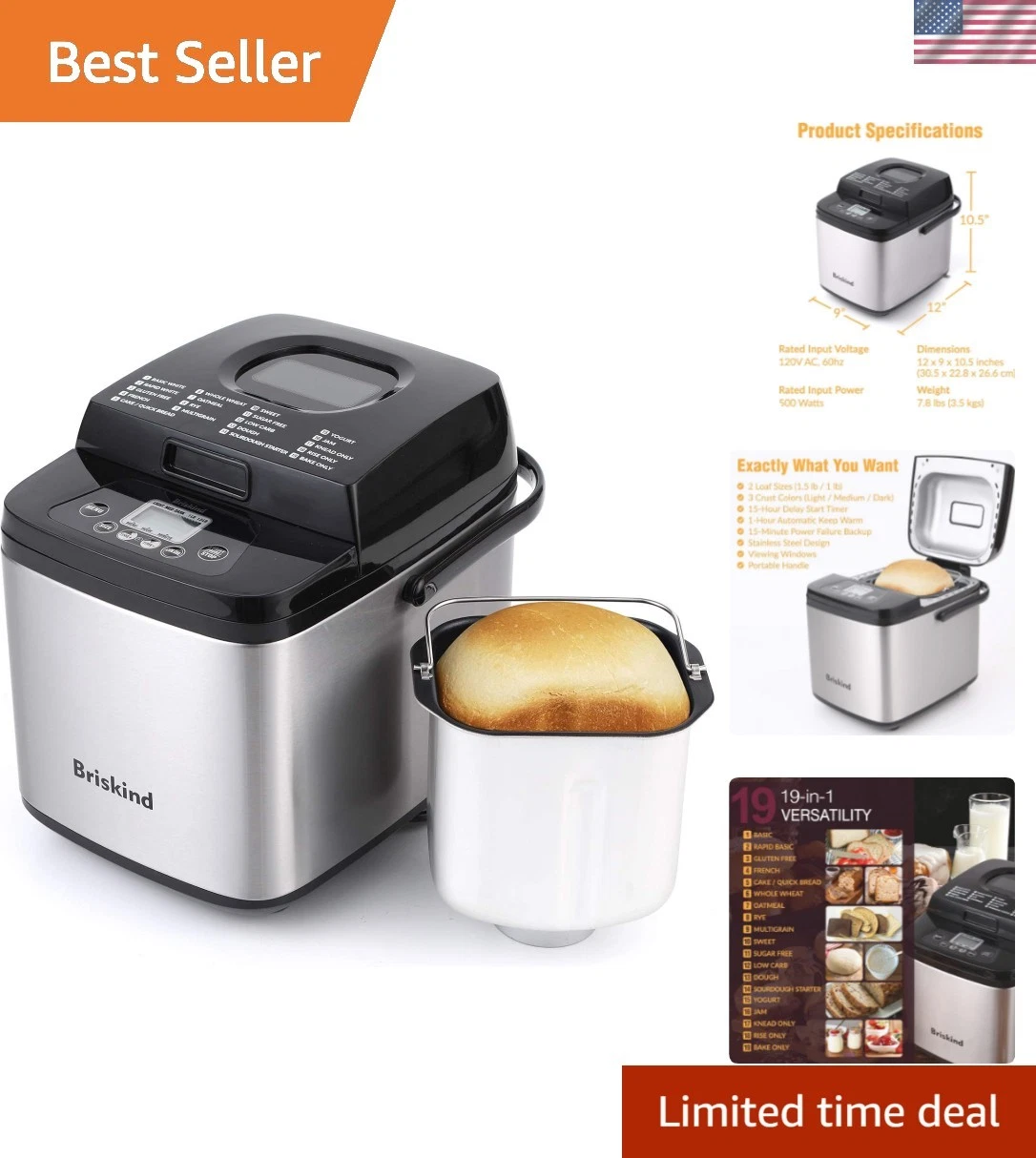 Stainless Steel 19-in-1 Bread Maker: Gluten-Free & Jam Options, 1.5 lb Capacity
