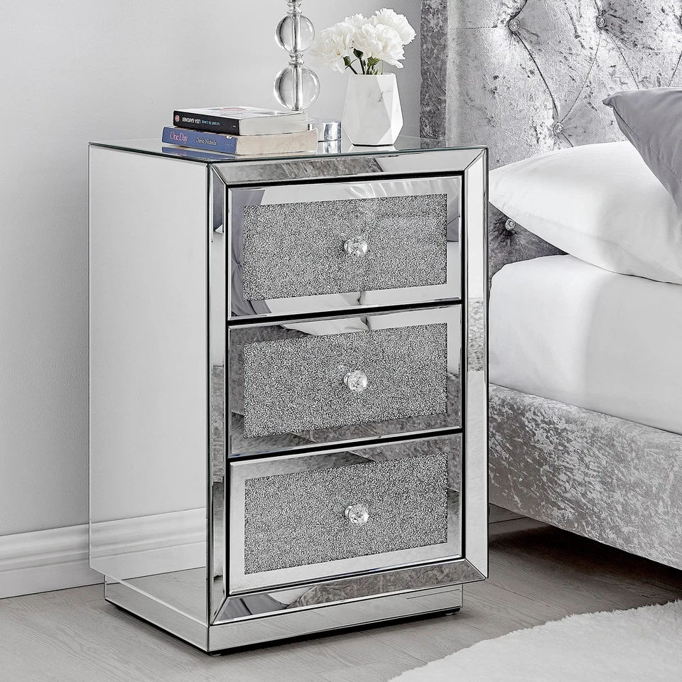 STELLA Mirrored Crushed Diamond Bedside Table Cabinet 3 Draws Bedroom Cabinet