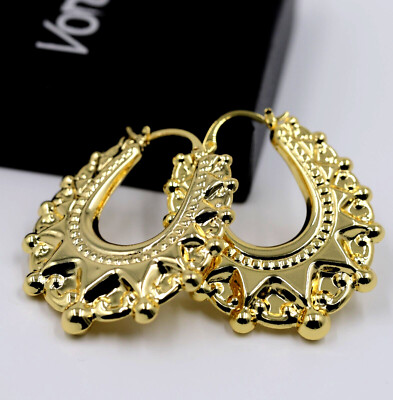 9ct Gold on Silver Large Victorian Gypsy Spiked Oval Creole Hoop Earrings  Women UK