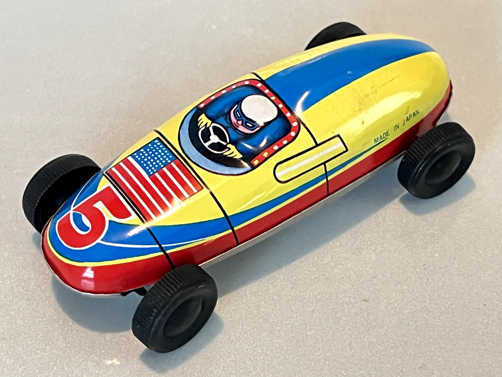 Vintage Japan Lucky Toy Tin Race Car - US Flag - 