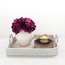 Tight Woven Leaf-Shaped Luxury Rattan Tray with Modern Steel Handles-Whitewash