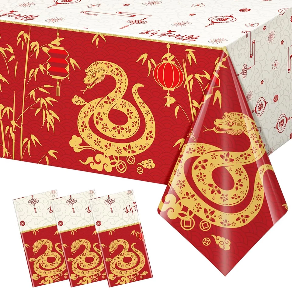 3 piezas manteles de plástico decoraciones año nuevo chino 2025 54x108 pulgadas oro rojo Foto 2 de 4