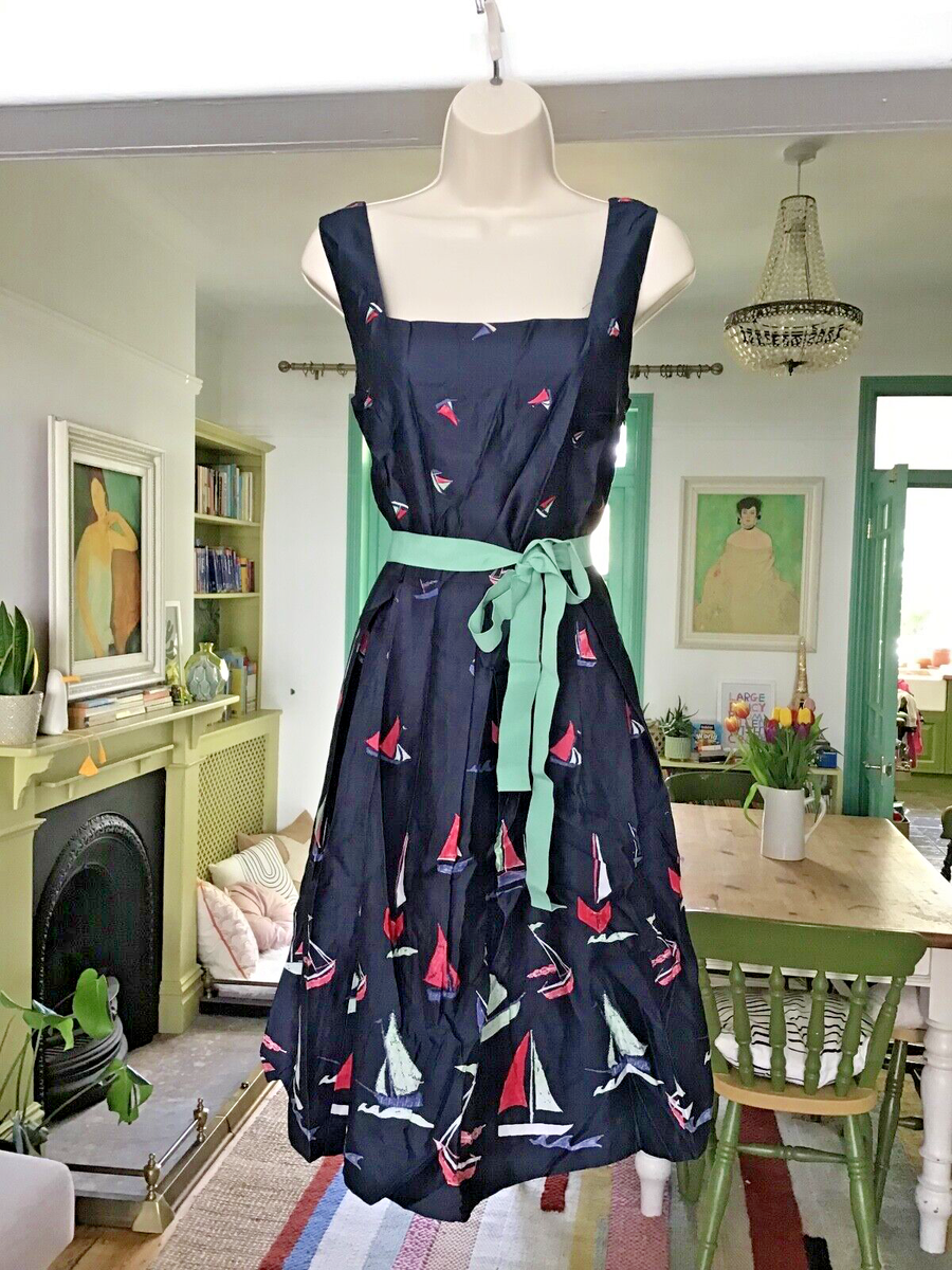 Worn Twice Size 12 LAURA ASHLEY Navy Sailing Boats Fit & Flare Summer Dress  | eBay UK