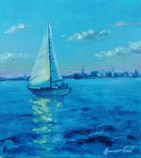 Original Oil Painting Seascape with yacht canvas on fiberboard 8x7 inch