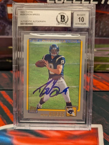 DREW BREES #328 AUTOGRAPHED 2001 TOPPS ROOKIE CARD CHARGERS GEM 10 AUTO BECKETT