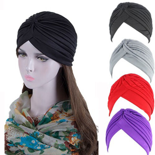 Women Stretchy Turban Hat Muslim Hat Solid Color Wrap Hijab Knotted Indian Caps - Picture 1 of 35