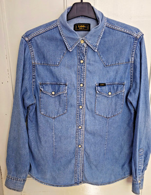 Vintage Lee Herren Denim Western Hemd Gr. L Blau. Cowboy Arbeitskleidung mit Druckknöpfen.