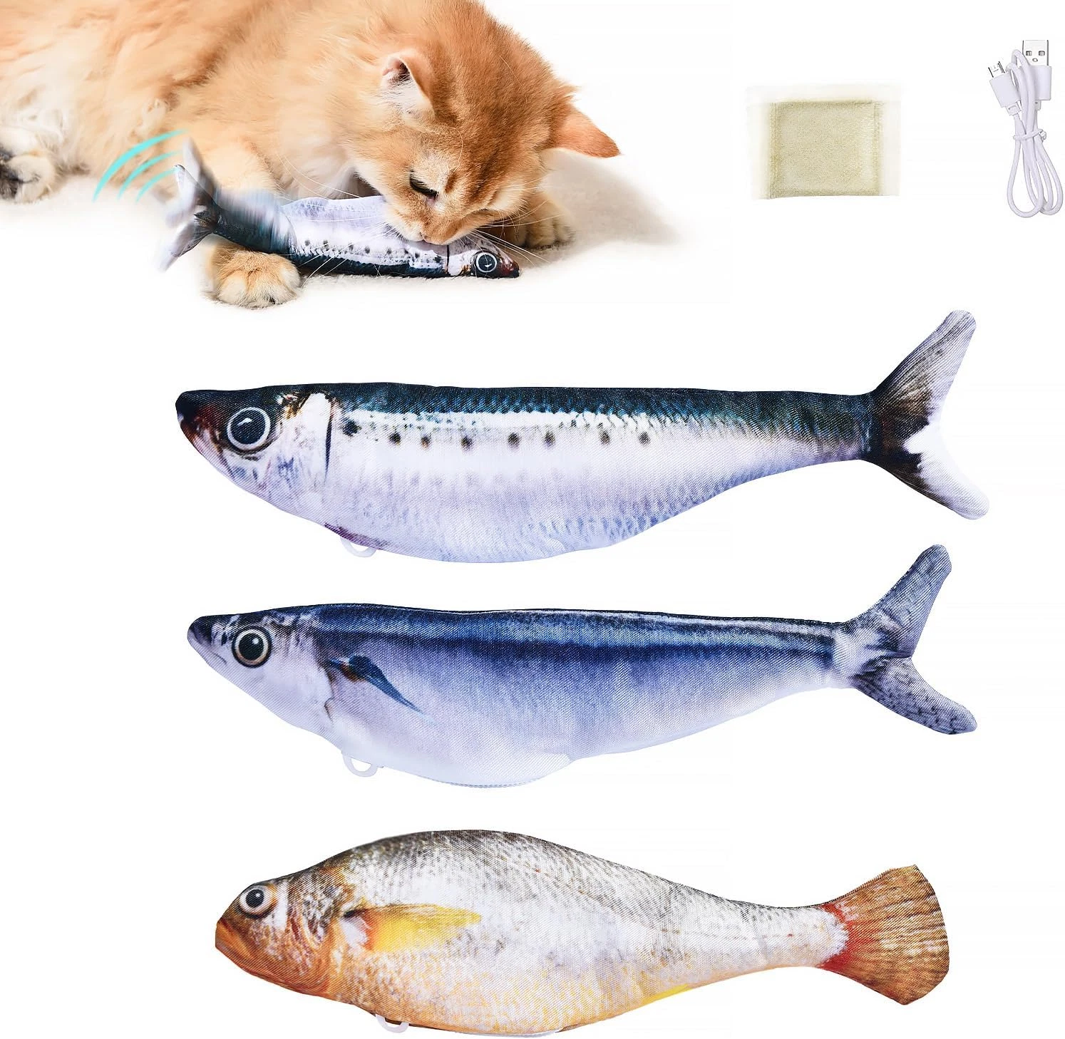Bite-Sized Realistic Flopping Fish Cat Toys, 3 Pack, Interactive Cat Toys for Al