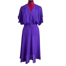 Vtg 80S Bernard New York V Neck Purple Chiffon Midi Dress Belted Retro Sz 10