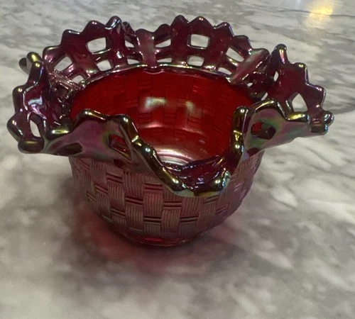 Vintage Fenton Carnival Glass Basket Weave Bowl With Open Lace Ruffled Edge Red