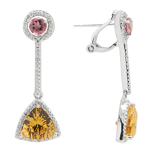 14K WEISSGOLD ROSA TURMALIN & CITRIN BAUMELNDE OHRHÄNGER - Bild 1 von 1