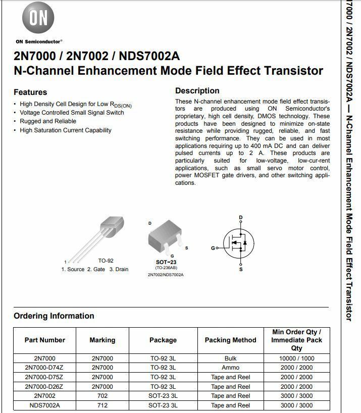 2/5/10pc 2N7000 Mosfet 60V-200mA N-Chan Enhan Mode Field Effect ...