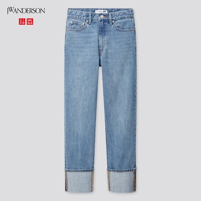Uniqlo*JW Anderson HIGH-RISE SLIM-FIT STRAIGHT Blue Logo Jeans Size 29 inch  UK
