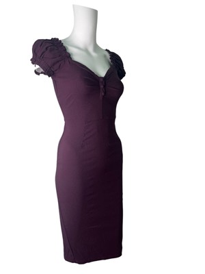 UNIQUE VINTAGE Pencil Dress Size XS Plum Fitted Cap Sleeve Button Womens EU34