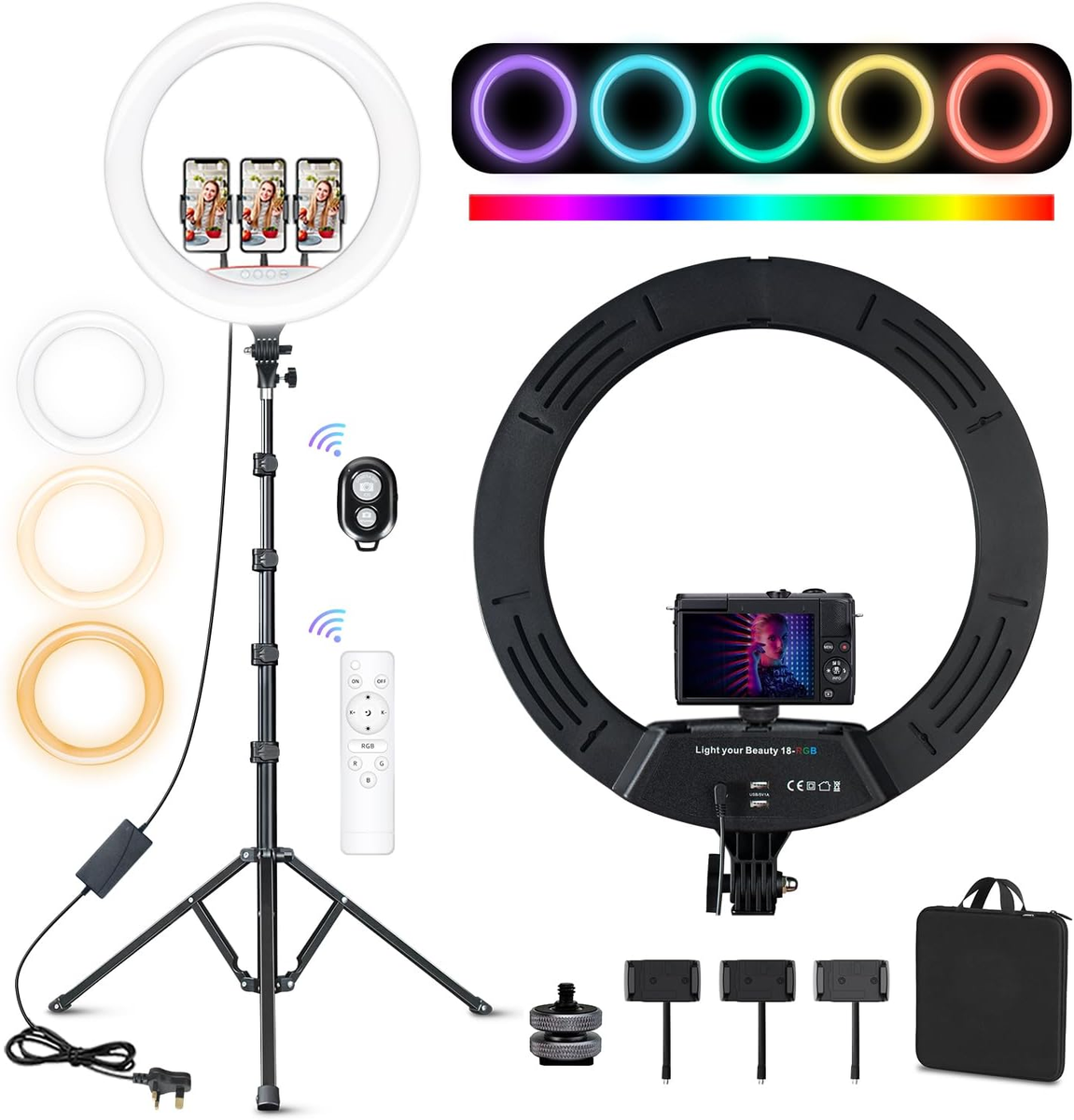 18 Inch LED Ring Light with Tripod Stand Phone Holder, 26 RGB Mode  2700K-700