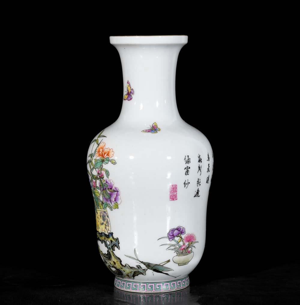 Yongzheng Signed Pair Old Chinese Colour Enamel Vase W/flower