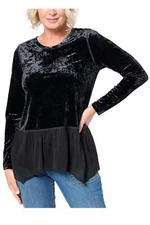 LOGO by Lori Goldstein Women's Crushed Velvet Top w/ Chiffon Hem Black