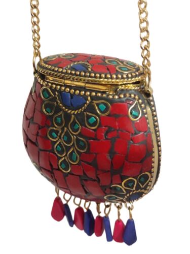 Handmade bohemian blue & red - Ethnic miniature mosaic metal clutch bag - Photo 1 sur 3