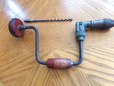 14" Woodworking Racheting Hand Crank Drill Tool & 8" Drill Bit Vntg Tested