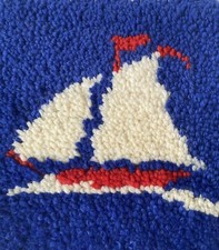 Vintage Sailboat Wall Hanging 12  Latch Hook Nautical Red White Blue Completed
