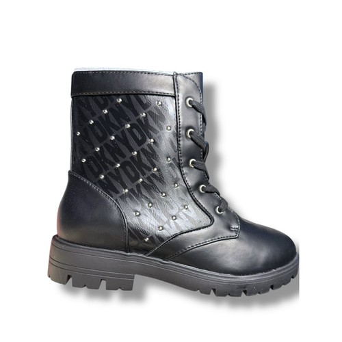 DKNY STASSI MILEY Combat Boots Studded Logo Lace Up Side Zip Black Boots Sz 4.5 - Picture 9 of 13