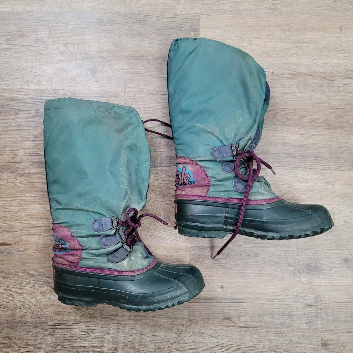 Vintage Sorel Freestyle Boots Winter Lined Green Purple Rubber Ski Snow 90s Sz 5