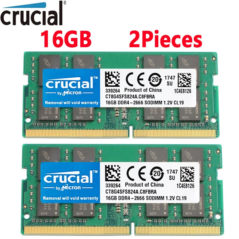Crucial DDR4 32GB KIT 2 x 16GB 2666 MHz PC4-21300 SODIMM 260-Pin Laptop Memory