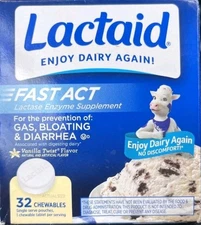 Lactaid Fast Act Lactase Enzyme Supplement Vanilla Twist 32 Chewables Exp 2/2028