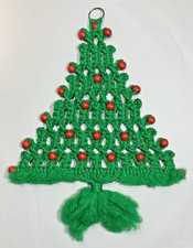 Vintage Macram Christmas Tree 24" Tall 18" Wide Green Red Wooden Ornaments