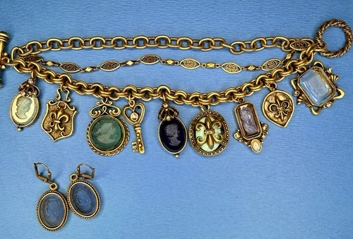 Vintage Carolee Intaglio Cameo Charm Bracelet And Earrings