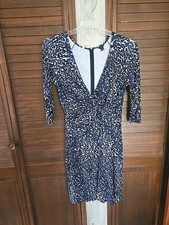 Ann Taylor Surplice A-Line Dress Womens Sz Med Blue & Cream 3/4 Sleeve Zip Back