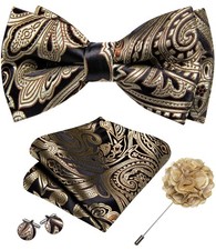 Mens Bow Tie Set Khaki Black Pre-tied Bowties Adjustable with Handkerchief Cu...