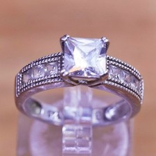 Size 6.75, vintage Sterling 925 silver engagement ring with cluster cz