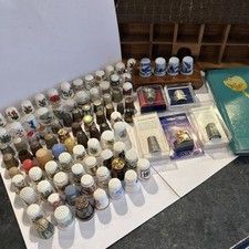 Vintage Thimbles Lot Of 90 Thimbles Stands Notebook Pewter Porcelain Wood