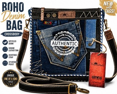 Upcycled Denim Patchwork Crossbody Bag Boho Jean Purse Leather Trim NWT...