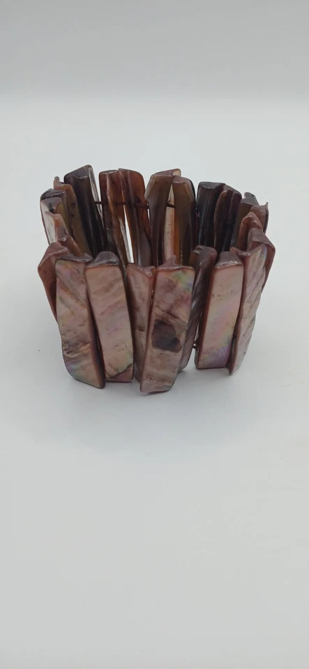 Pulsera Abulón Bronce Gruesa Madreperla Concha Elastizada Coral Bronce Foto 3 de 4