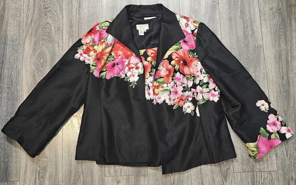 Traje Pantalón Vintage Adrianna Papell Seda Floral 3 Piezas Negro Para Mujer Talla 22W Bohemio Foto 3 de 4