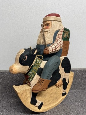 Vintage 12  Wooden Folk Art Santa Riding Rocking Cow by Derek Adams