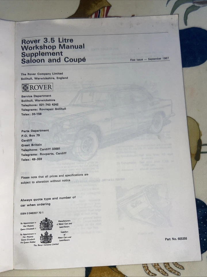 Rover 3.5L Saloon and Coupe Owners Workshop Manual Supplement P-No 605358 - Image 2 of 4