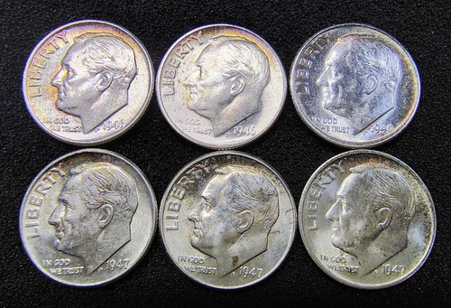 1946 & 1947 P D S - Roosevelt Dimes (6-Coin Lot)- Light Toning - 90% Silver - BU